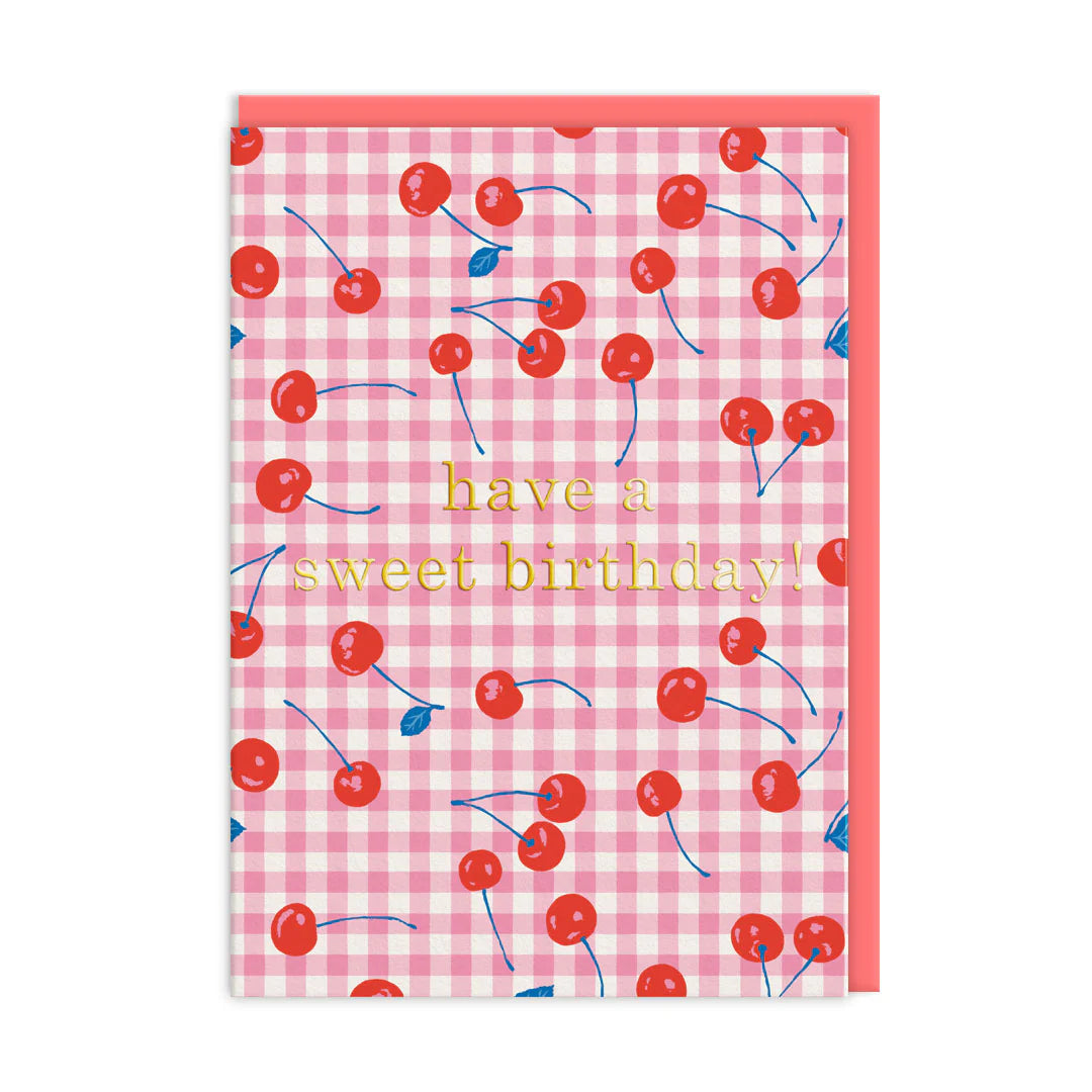 Birthday Cherries Greeting Card by Emily Taylor with gold foil and coral envelope, blank inside. gift store knoxville